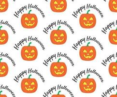Seamless pattern with smiling pumpkin lantern, jack o lantern and happy halloween lettering. Vector illustration