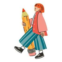 The girl with the big pencil. A young student holds a pencil. Cute funny isolated character. Cartoon style. Hand-drawn vector illustration. Drawing, writing, creation, design, blogging concept. Flat