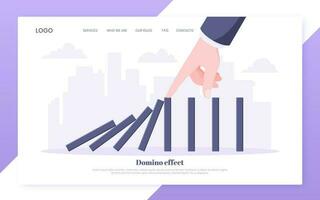 Domino effect business concept. Hand stops chain reaction of falling board game blocks of dominoes. vector