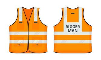 Safety reflective vest with label Rigger man tag flat style design vector illustration set.