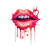 meñique rojo labios con boca ligeramente abierto y dientes visible con goteo color en el fondo . ai generado png