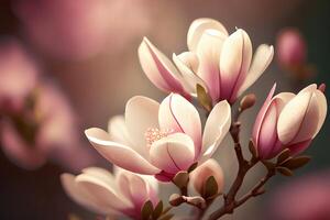 Closeup of blooming magnolia tree in spring on pastel bokeh background. photo