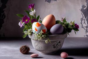 Easter composition on grey concrete background. photo