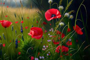 Landscape with nice sunset over poppy field. photo