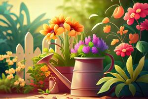 Gardening Concept. Garden Flowers and Plants on a Sunny Background. photo