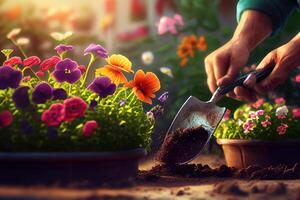 Person watering pot flowers close up photography. photo