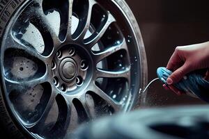 Car service worker polishing car wheels with microfiber cloth. photo