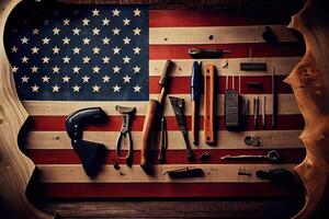 Holiday background with USA rustic wooden flag and many worker tools. photo