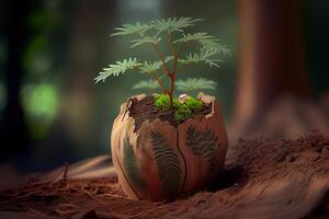 Young rowan tree seedling grow from old stump in Poland forest. photo