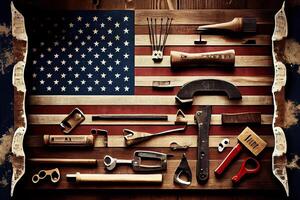 Holiday background with USA rustic wooden flag and many worker tools. photo