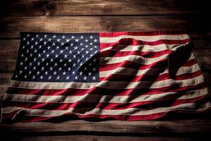 United States Flag On Wooden Background. photo