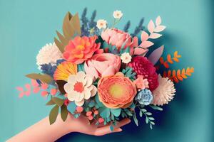 Man holding beautiful flower bouquet on blue background. photo