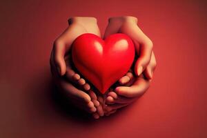 adulto y niño manos participación rojo corazón, salud cuidado, amor y familia seguro concepto. generativo ai foto