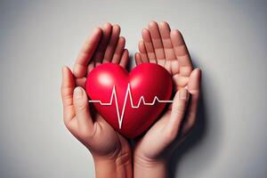 Adult and child hands holding red heart with cardiogram. photo