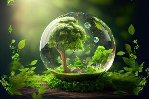 Glass globe resting on green leaf. photo