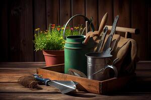 al aire libre jardinería herramientas en antiguo madera mesa. generativo ai foto