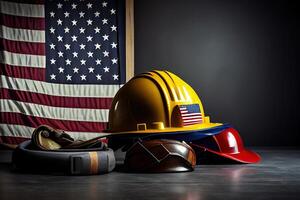 Worker with yellow helmet and USA national flag background. photo