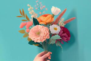 Hand holding beautiful flower bouquet on blue background, closeup view. photo