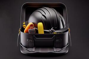 Safety Helmet With Tools In The Black Container. photo