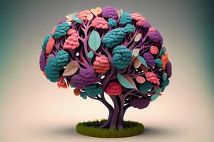 humano cerebro árbol con flores y mariposas, yo cuidado y mental salud concepto. generativo ai foto