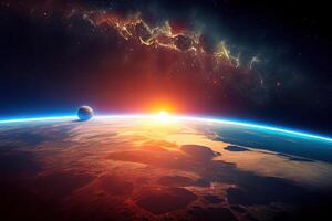 Panoramic view of the Earth, sun, star and galaxy. photo