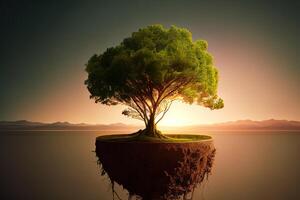 panorama pequeño árbol creciente con amanecer. verde mundo y tierra día concepto. generativo ai foto