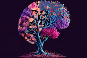 Human brain tree with flowers and butterflies, self care and mental health concept. photo