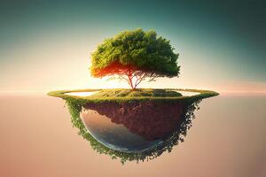 Panorama small tree growing with sunrise. green world and earth day concept. photo