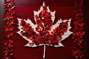 canadiense bandera hecho fuera de real arce hojas en un cedro apoyo. generativo ai foto