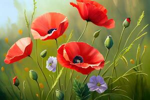 Wonderful poppy flowers in the field in spring. photo