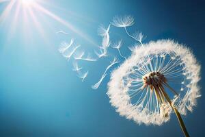 diente de león con semillas soplo lejos en el viento a través de un azul cielo. generativo ai foto