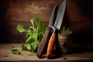 Outdoor gardening tools on old wood table. photo