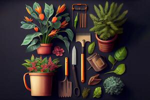 Gardening tools and plants. photo