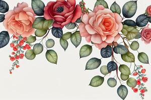 Transparent watercolor rose. Seamless vertical border floral illustration. photo