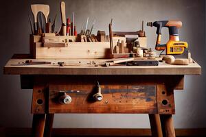 Wooden workbench at workshop. Lot of different tools for diy and repair works. photo