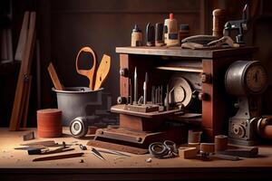 Wooden workbench at workshop. Lot of different tools for diy and repair works. photo