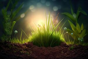 Earth grass at garden in morning, ecology and world sustainable environment concept. photo