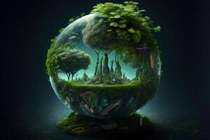 Woman holding a green planet Earth. photo