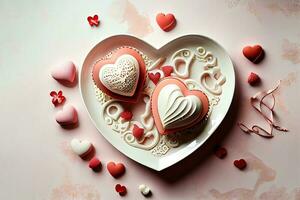 Surprising Heart-shaped plate and Valentines Day decorations on table photo