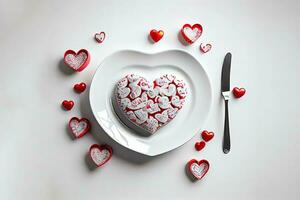 Excellent Heart-shaped plate and Valentines Day decorations on table photo