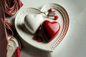 Excellent Heart-shaped plate and Valentines Day decorations on table photo