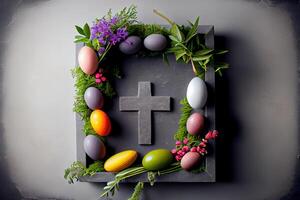 Easter composition on grey concrete background. photo