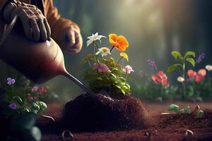 Gardener planting flowers in the garden, close up photo. photo