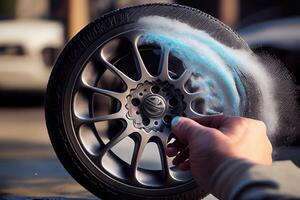 Car service worker polishing car wheels with microfiber cloth. photo