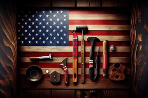 Holiday background with USA rustic wooden flag and many worker tools. photo