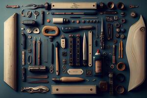 Equipment for handicrafts Place on a dark brown wooden floor. photo