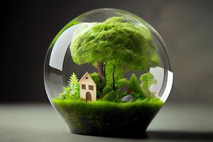 Glass globe resting on green leaf. photo