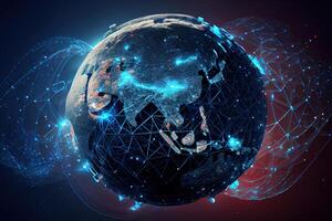 Future of global social network technology with blue abstract technology background. photo