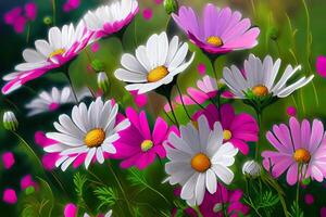 Meadow with lots of white and pink spring daisy flowers. photo