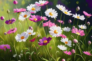 Wild daisy flowers growing on meadow. Meadow with lots of white and pink. photo